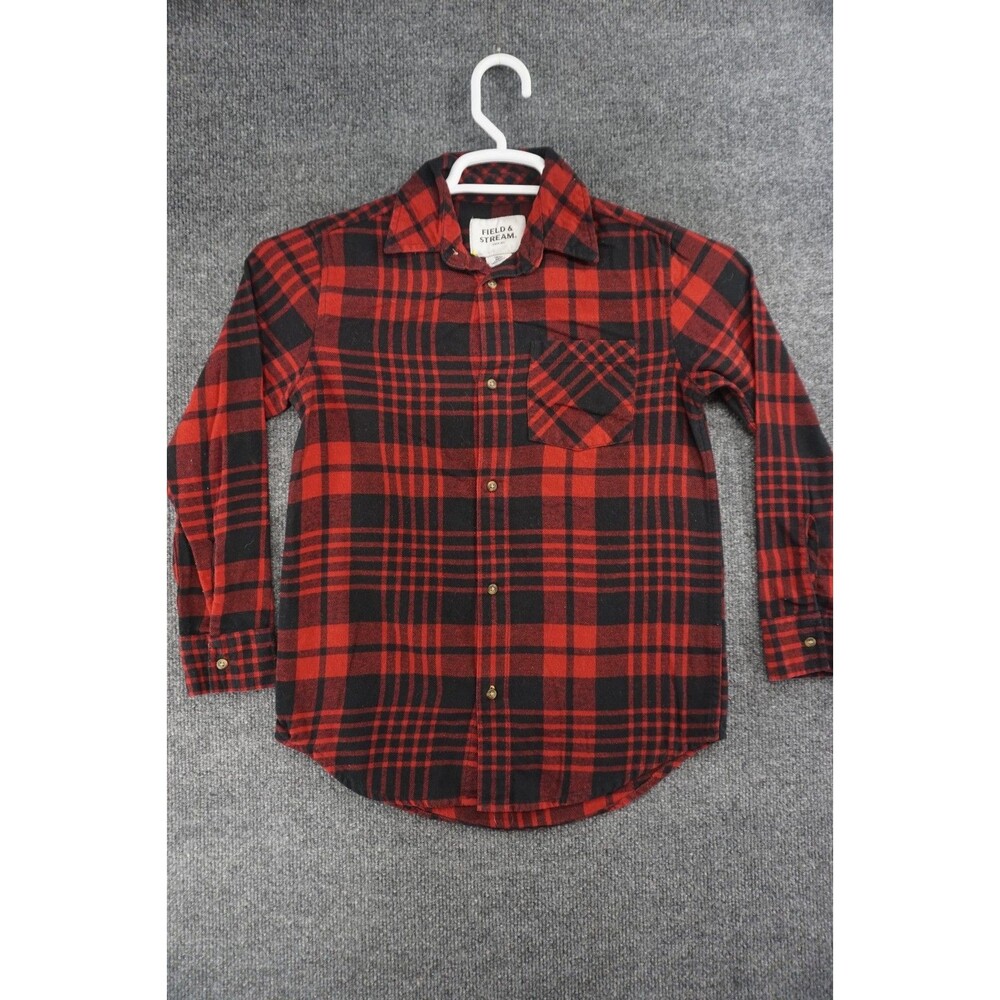 Field & Stream Flannel Youth Medium Red Black Plaid Button Up Long Sleeve